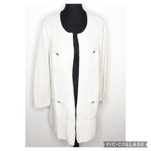 Talbots Jackets & Blazers - Talbots white ivory silver metallic open front long sweater jacket size 1X NWT